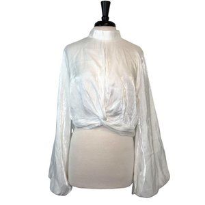 Nasty Girl Shimmer Knot Front Blouse Puff Sleeves Size M/L White Womens